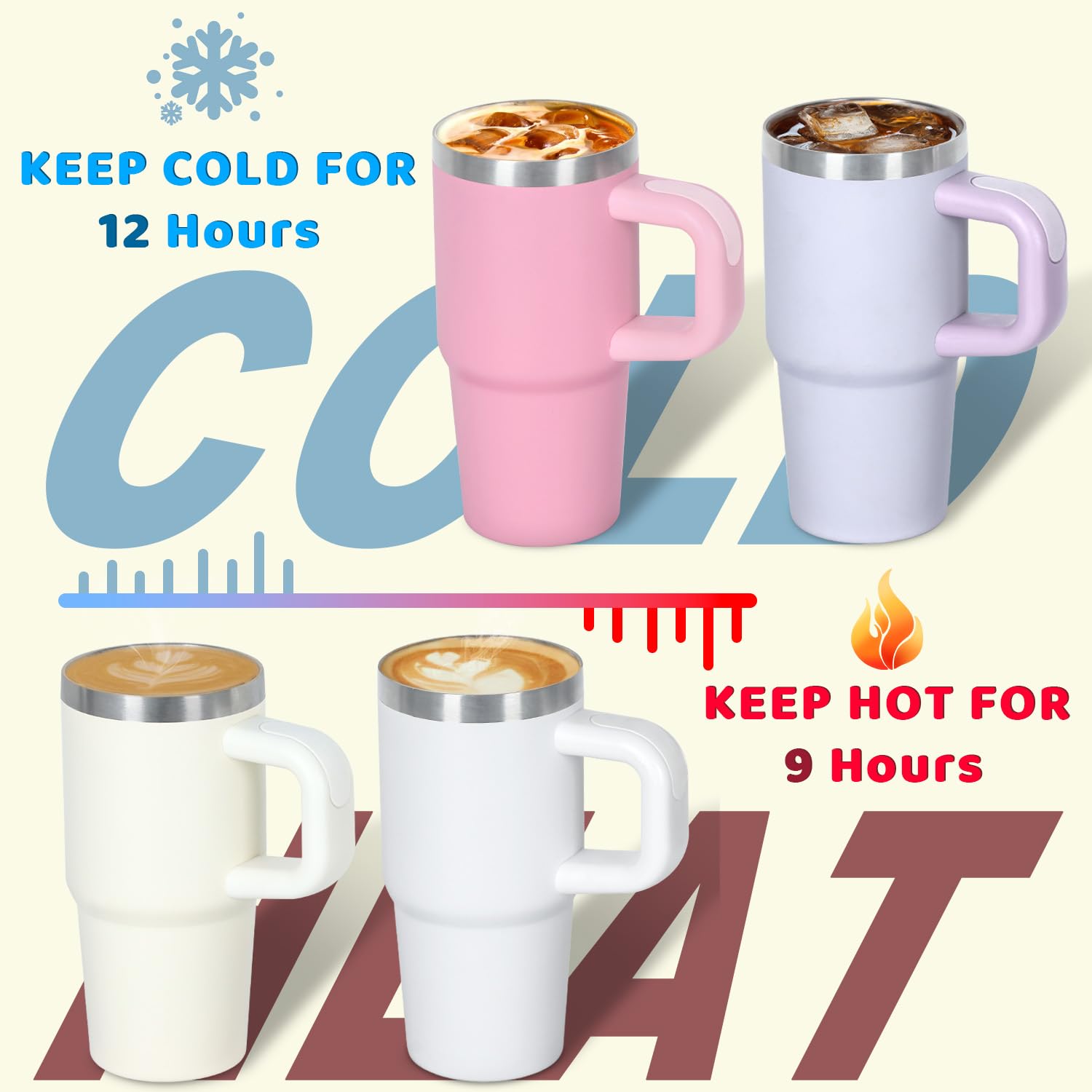 Cosictic 14 oz tumbler stays cold up to 12 hours and hot up to 9 hours.