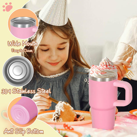 Cosictic pink-lid closeup shows durable stainless steel and comfortable grip.