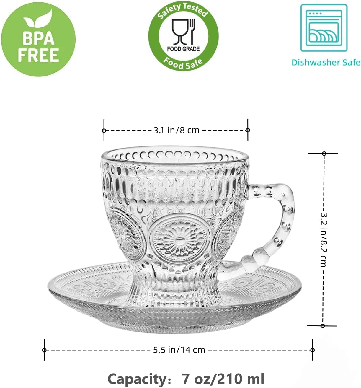 Cosnou embossed glass mugs with handle, durable borosilicate for hot or cold drinks.