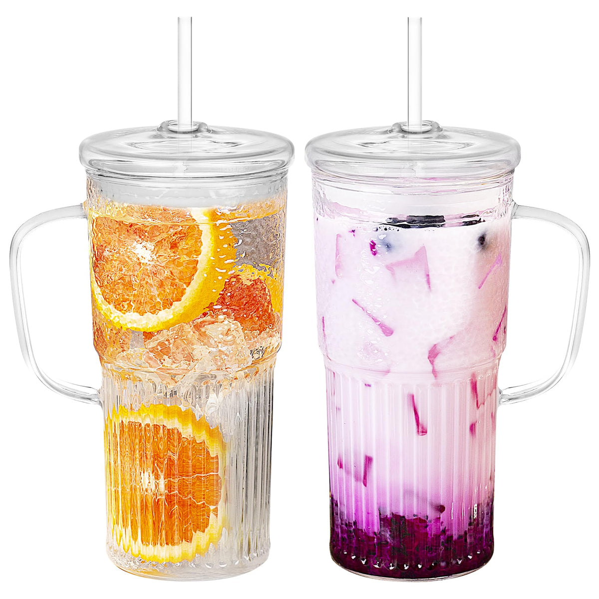 Cosnou glass tumbler with handle and lid, 20oz, ideal for hot or cold beverages.