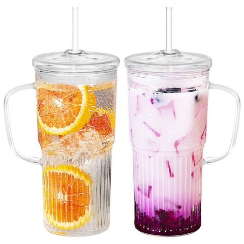 Cosnou glass tumbler with handle and lid, 20oz, ideal for hot or cold beverages.