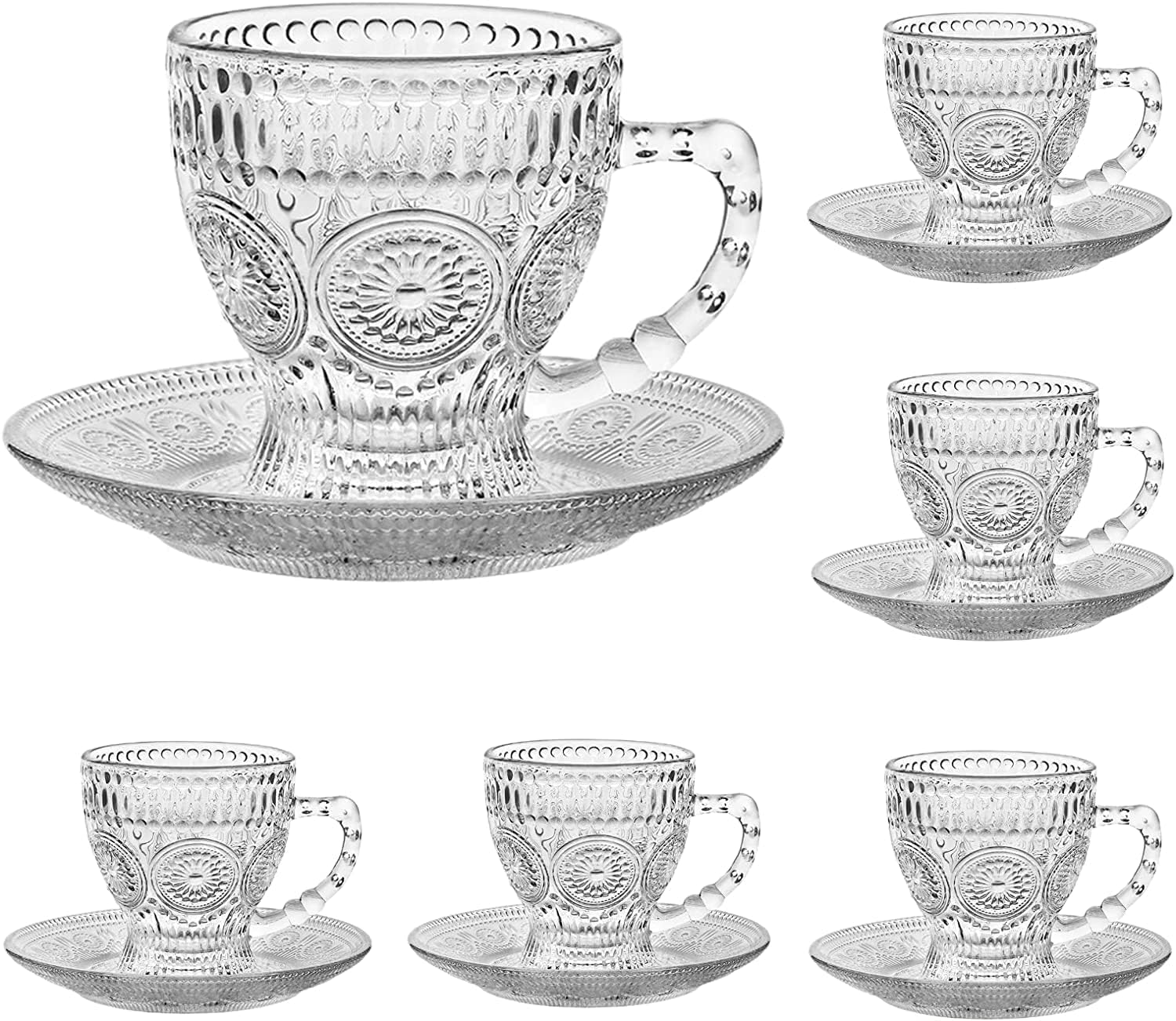 Cosnou vintage glass tea cups with saucers, 7 oz set for elegant coffee moments.
