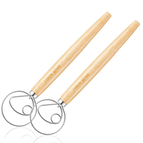 Coson Home dough whisk with wooden handle for even mixing.