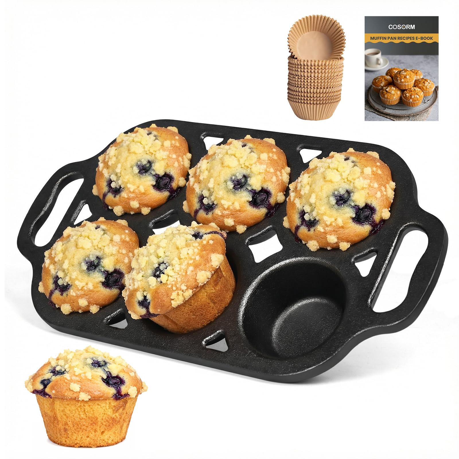 COSORM 6 cup cast iron muffin pan front view shows sturdy build and even heat.