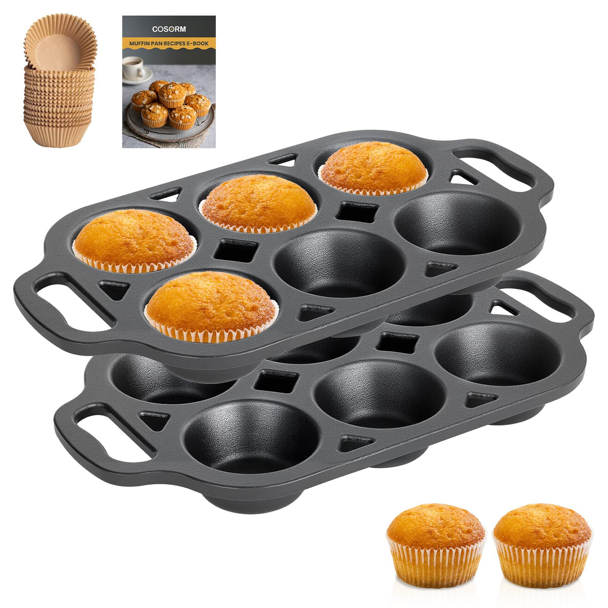 COSORM cast iron muffin pan 6-cup front view for even heat and easy release