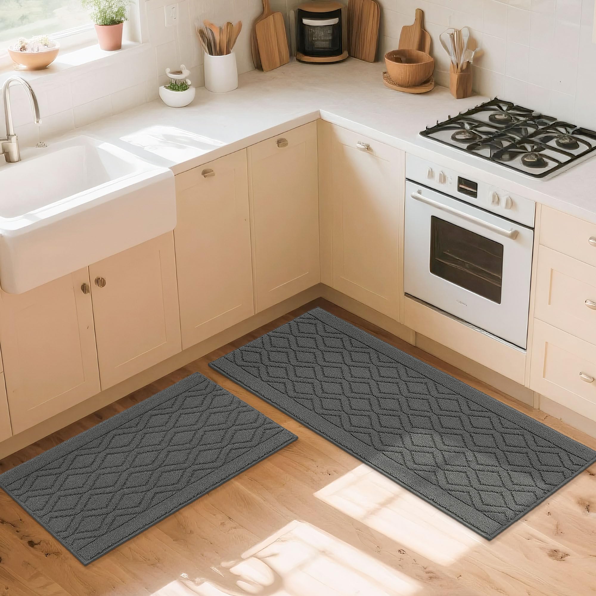 COSY HOMEER kitchen mat in use under sink and stove for practical protection