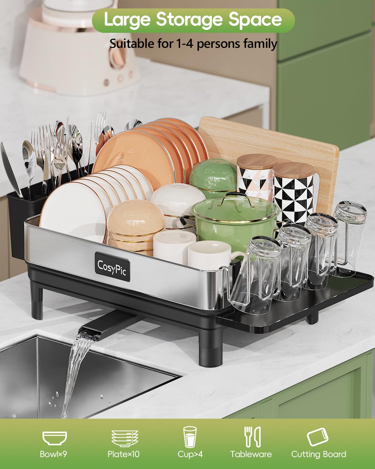 CosyPic dish drying rack drainage system keeping the counter dry.