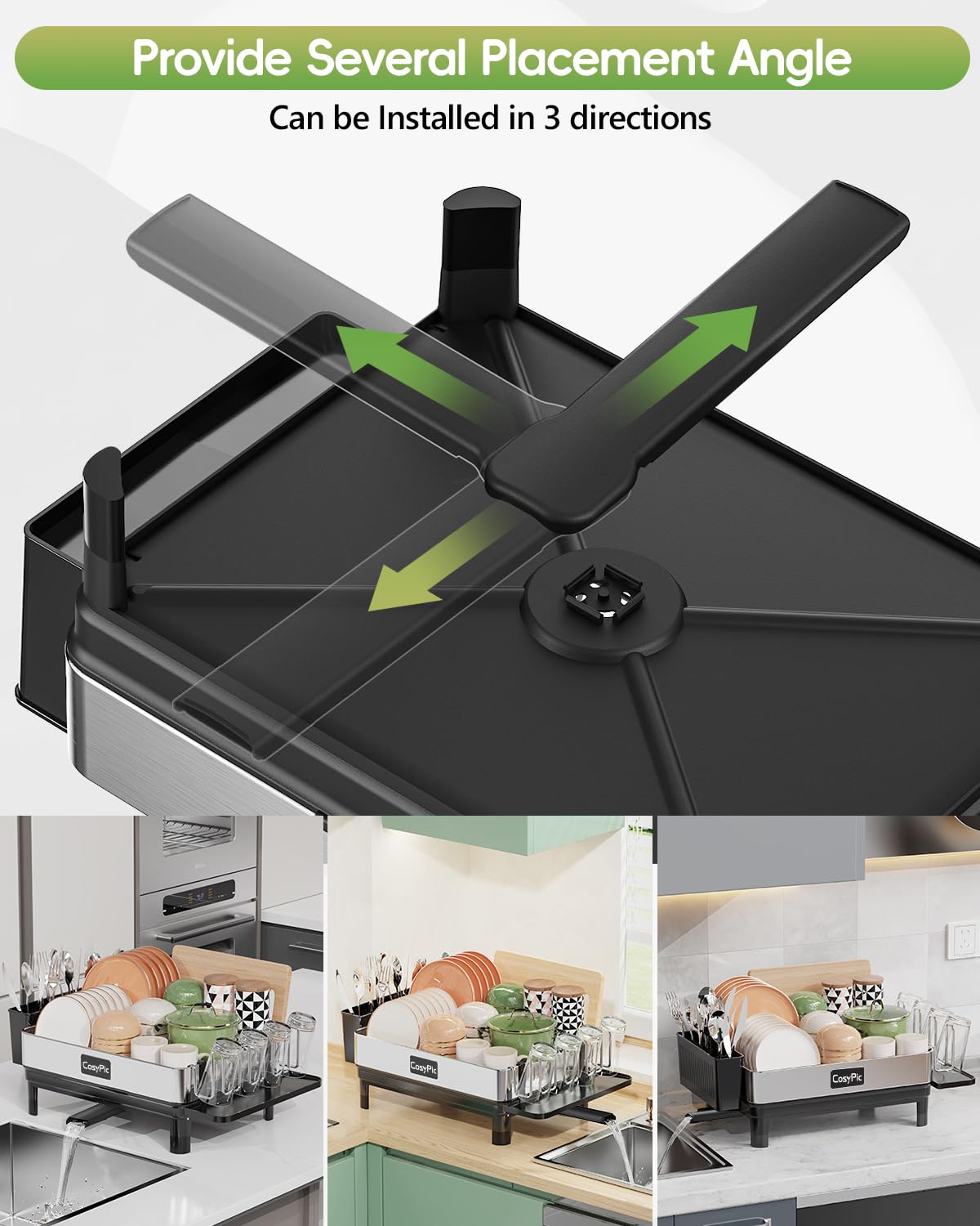 CosyPic dish drying rack height-adjustable feet supporting various sinks.