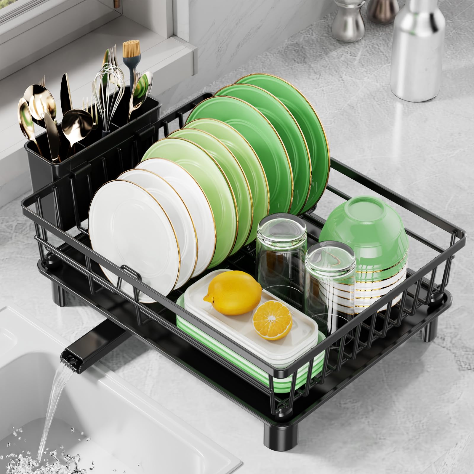CosyPic dish drying rack in stainless steel for compact kitchens, space-saving solution.