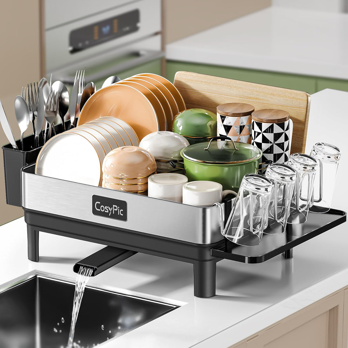 CosyPic dish drying rack top view highlighting premium stainless steel durability.