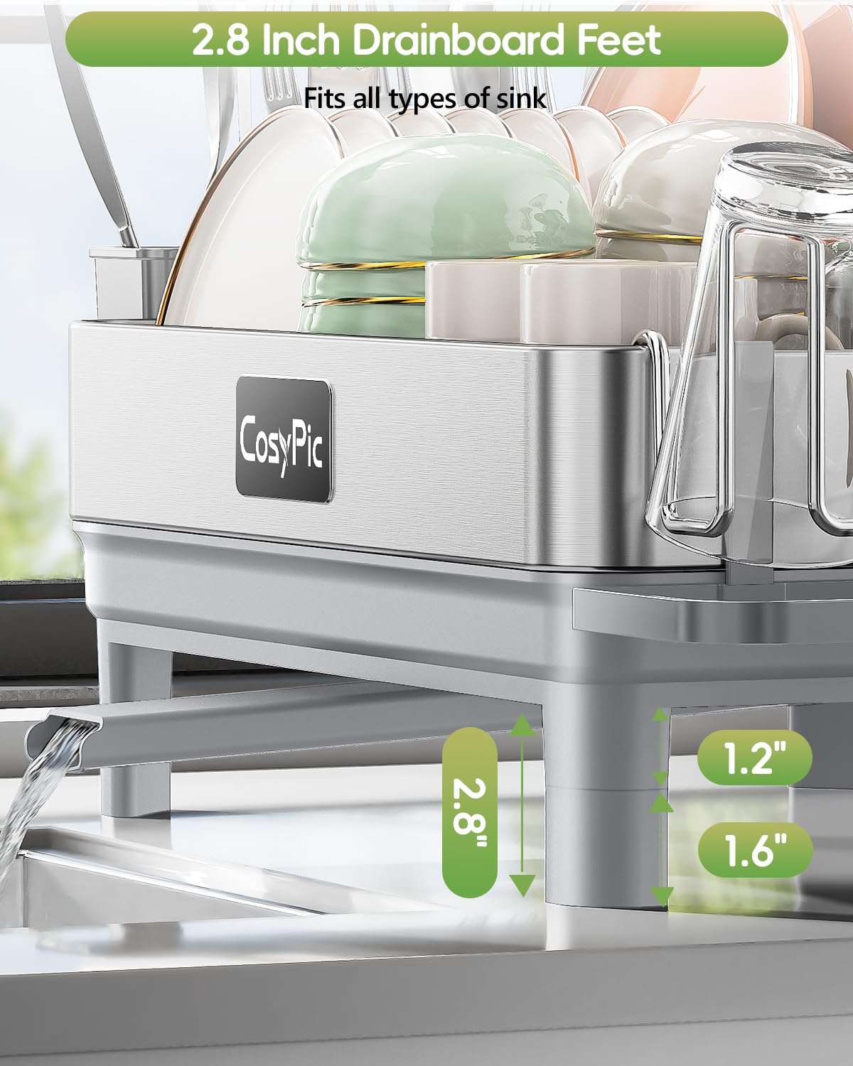 CosyPic dish rack features drain boards to protect nearby cabinets from moisture.