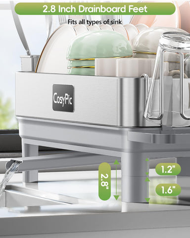 CosyPic dish rack features drain boards to protect nearby cabinets from moisture.