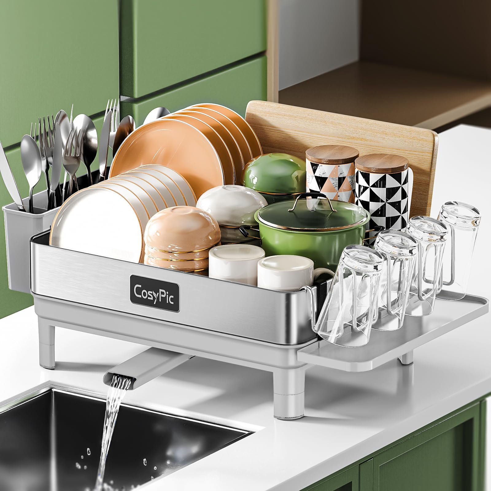 CosyPic dish rack front view in grey shows sturdy rust-resistant stainless steel storage.