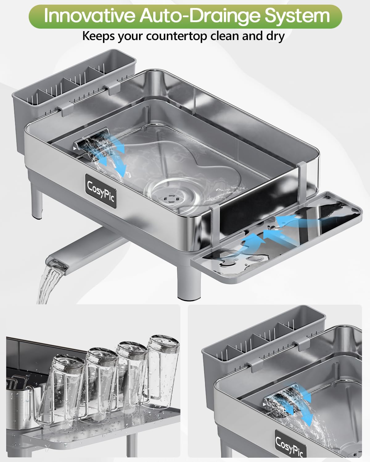 CosyPic dish rack with height-adjustable feet fits different sink heights for versatility.