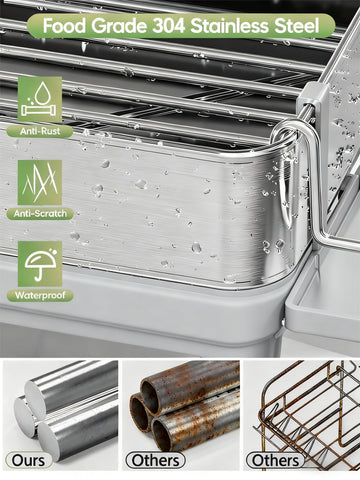 CosyPic dish rack side view highlights automatic drainage for a dry countertop.
