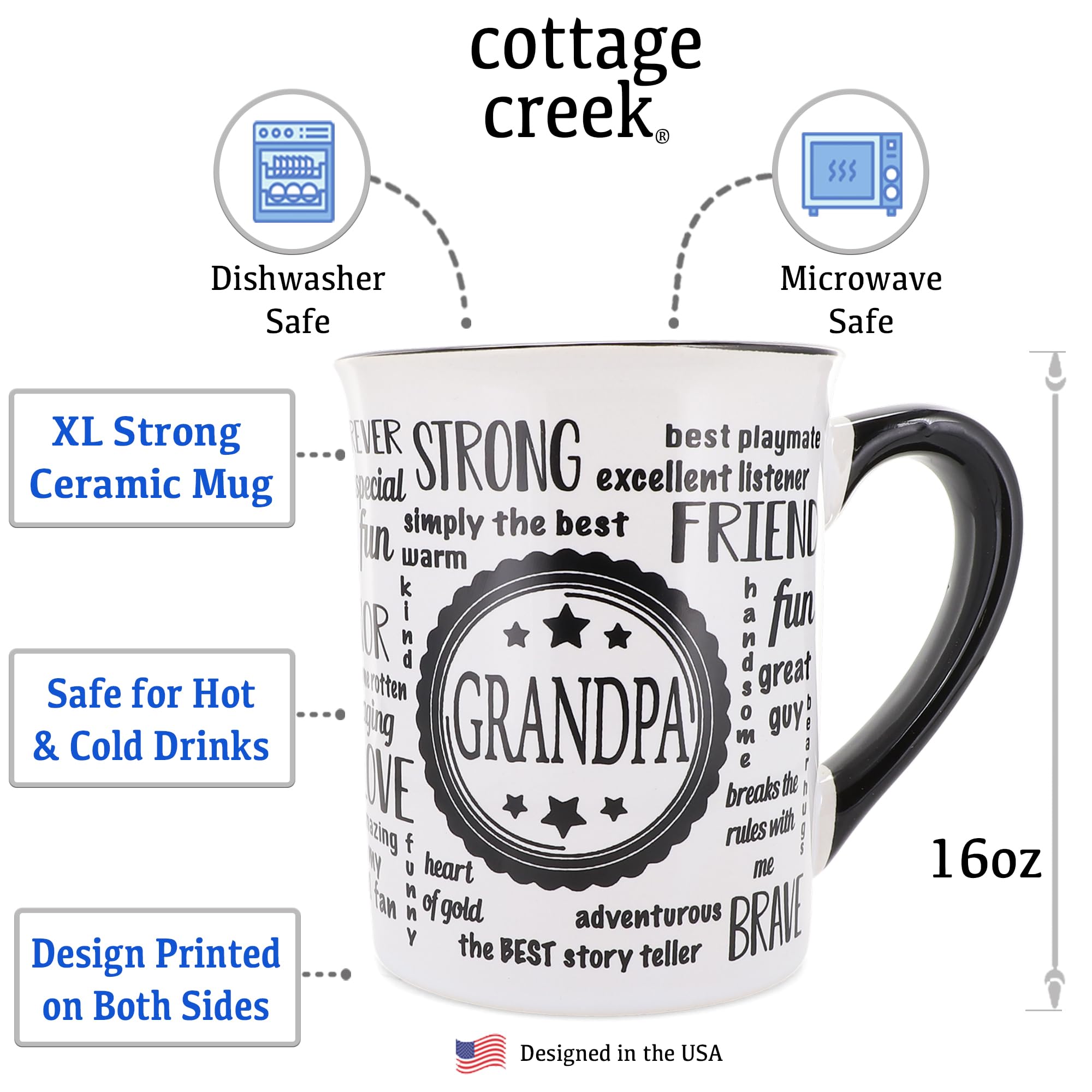 Cottage Creek Grandpa Mug, double-sided design, perfect for display in kitchen or office.