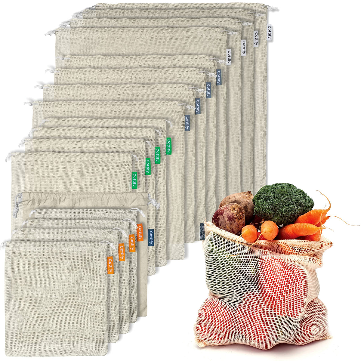 Cottify mesh bags with drawstring closure for easy shopping and sealing