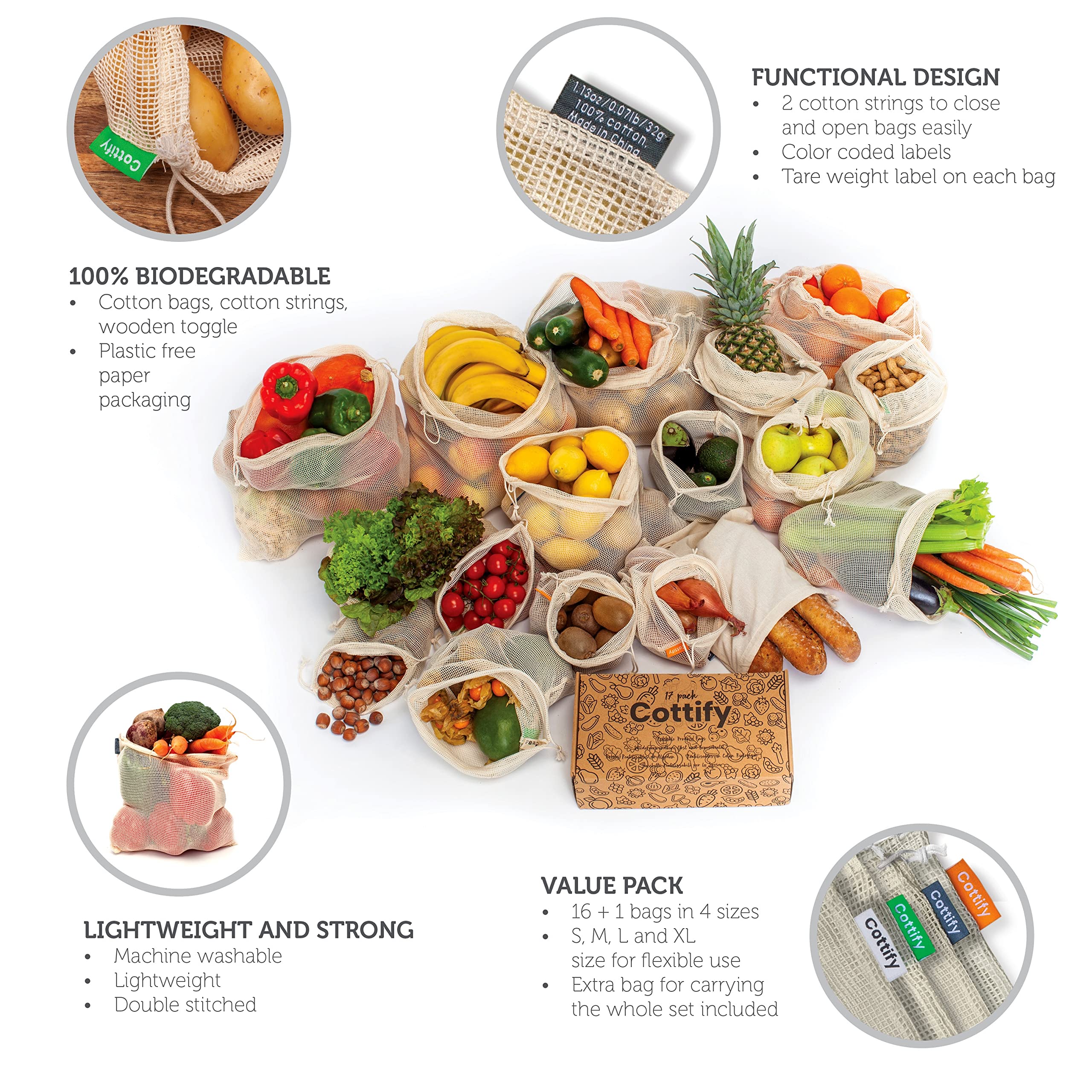 Bags filled with assorted fruits and vegetables using Cottify mesh bags