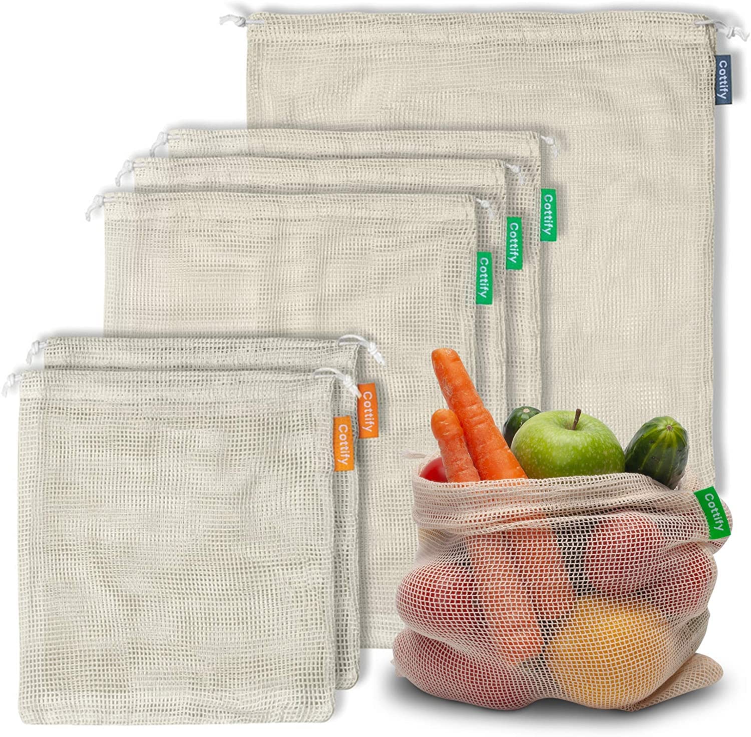 Cottify 6-pack reusable produce bags at market for eco-friendly shopping
