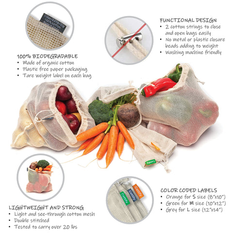 Cottify large mesh bag stores bulk fruits, vegetables, and grains.