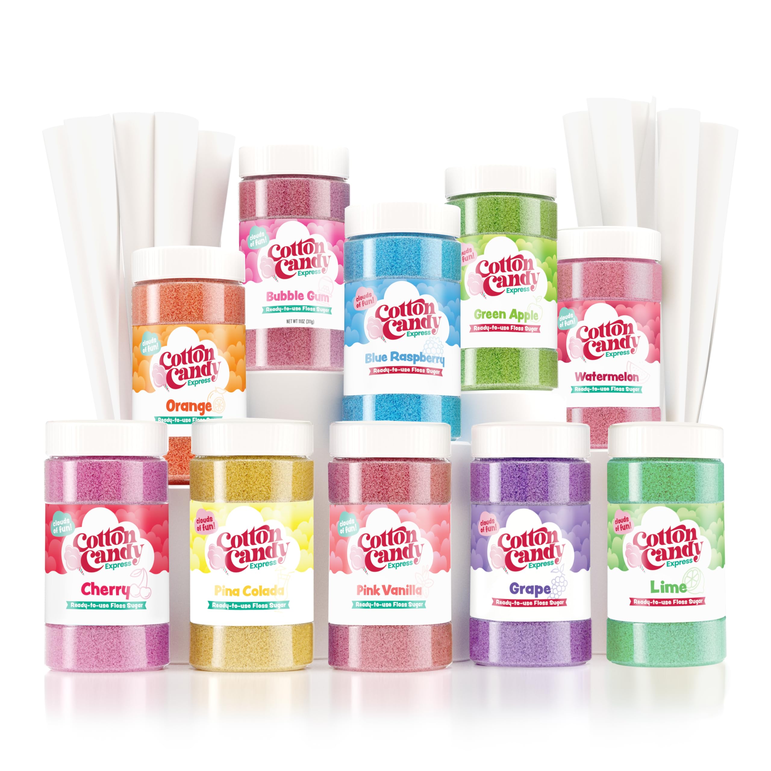 Cotton Candy Express assorted floss sugar jars collection ready for party treats