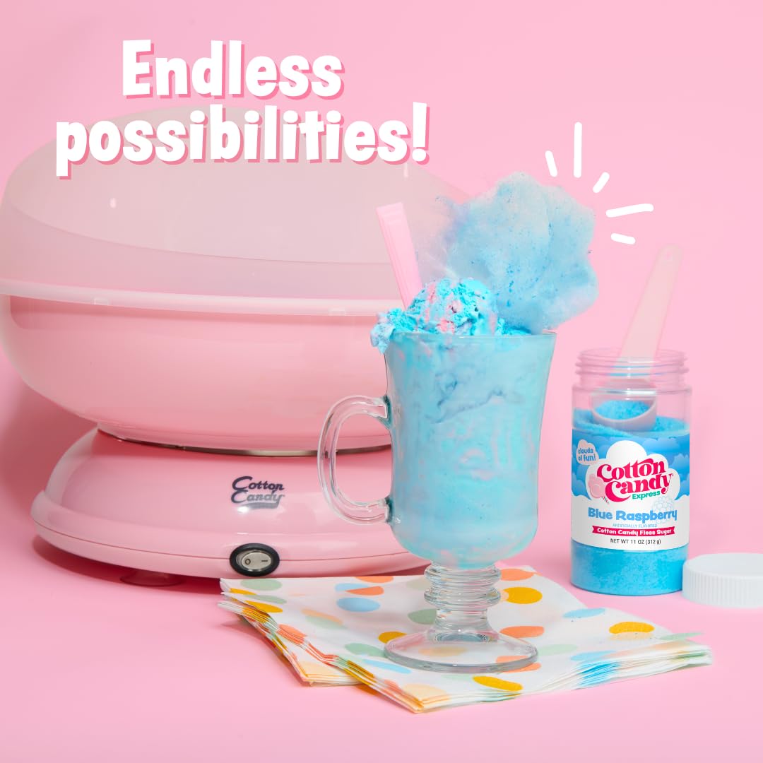 Cotton Candy Express party snack station with jars, cones, and colors