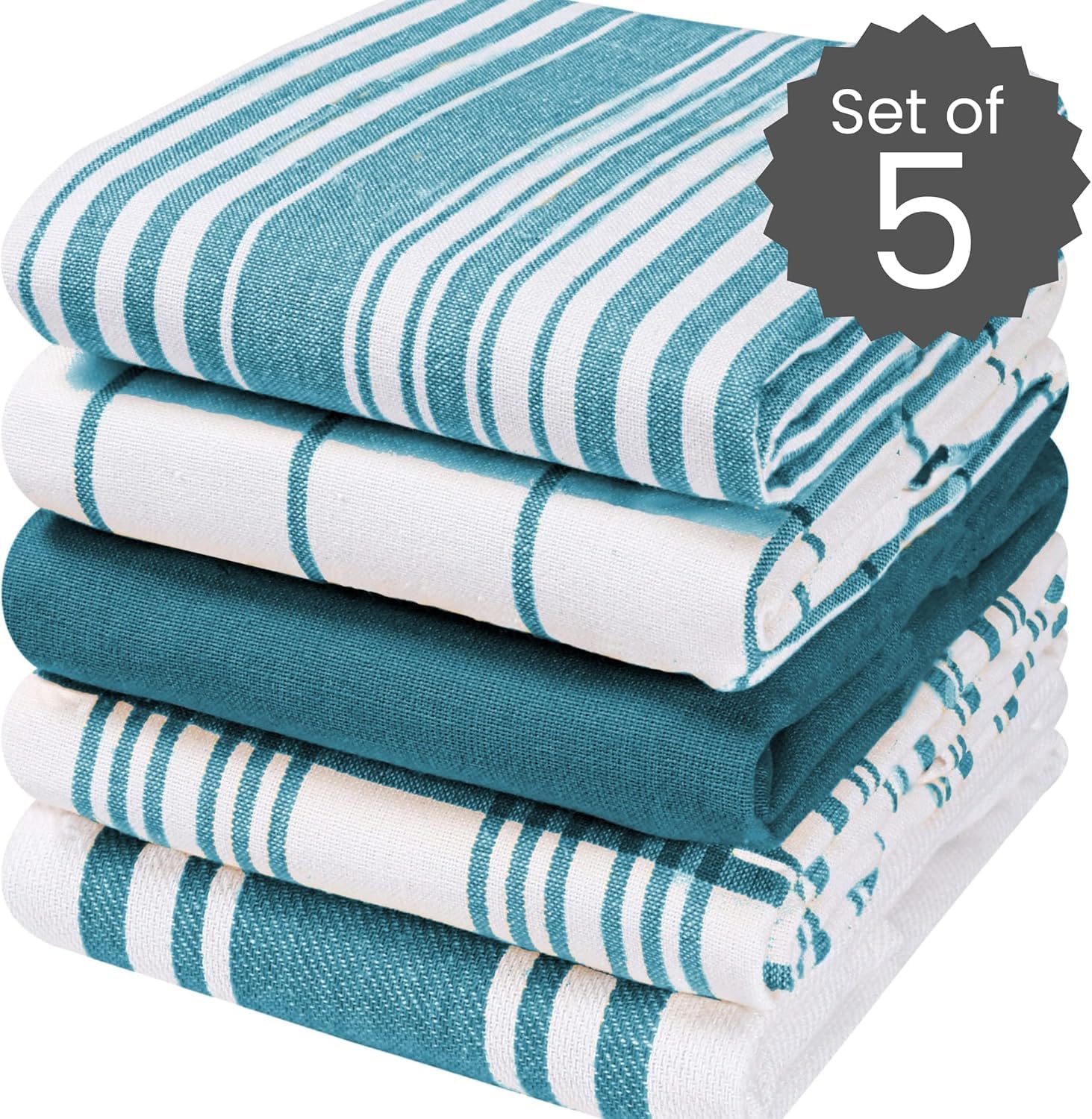 Cotton Clinic towels folded-ready, teal-green, ideal for drying hands and dishes.