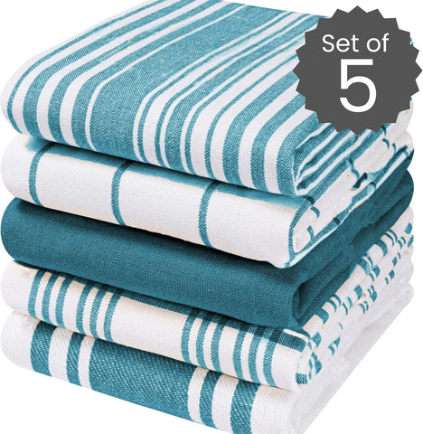 Cotton Clinic towels folded-ready, teal-green, ideal for drying hands and dishes.