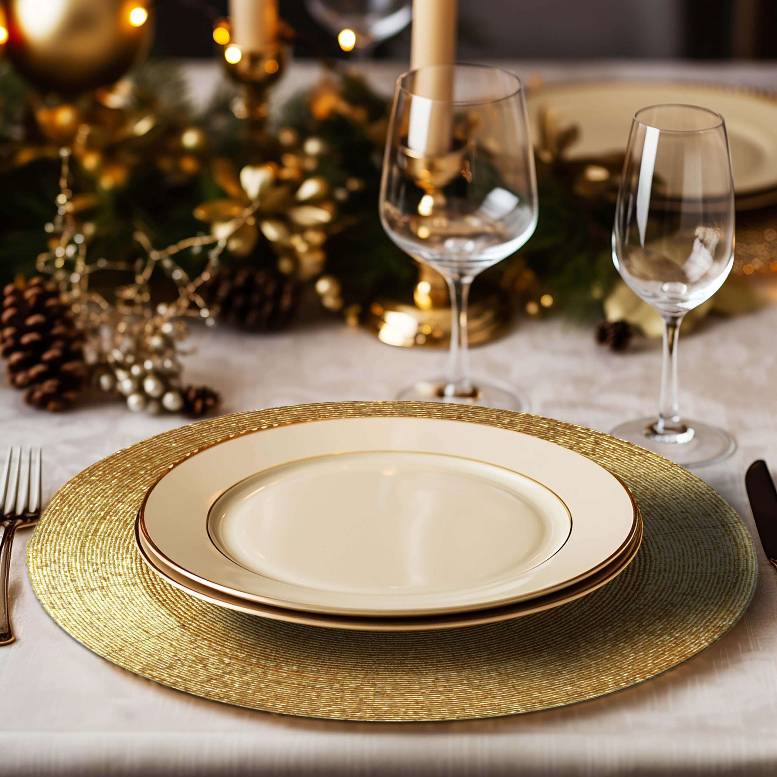 Cotton Craft Glitz charger gold on a table for a festive dining scene