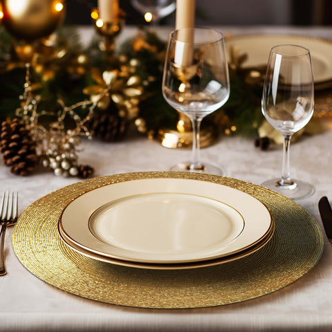 Cotton Craft Glitz charger gold on a table for a festive dining scene