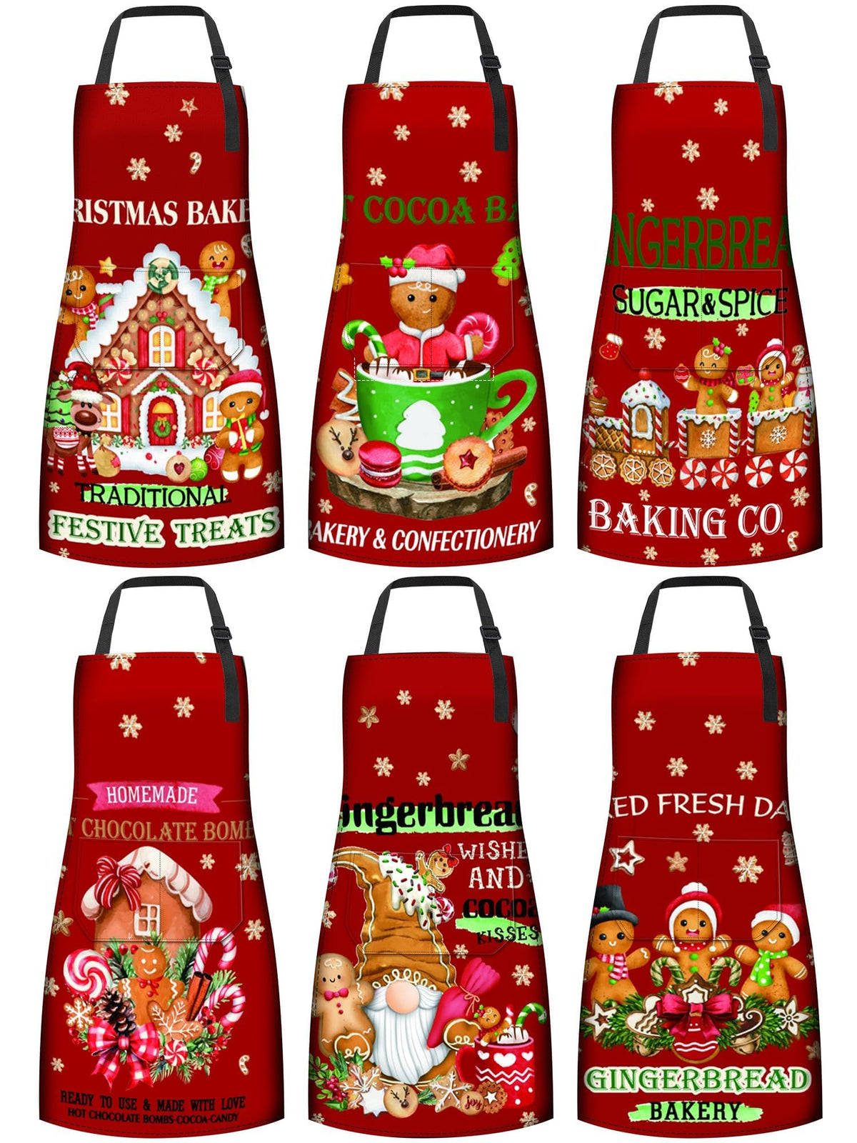 Cotwinter 6-pcs Christmas aprons set with pockets, front view, ideal for festive cooking.