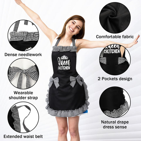 Cotwinter aprons feature front pockets to hold utensils and ingredients.