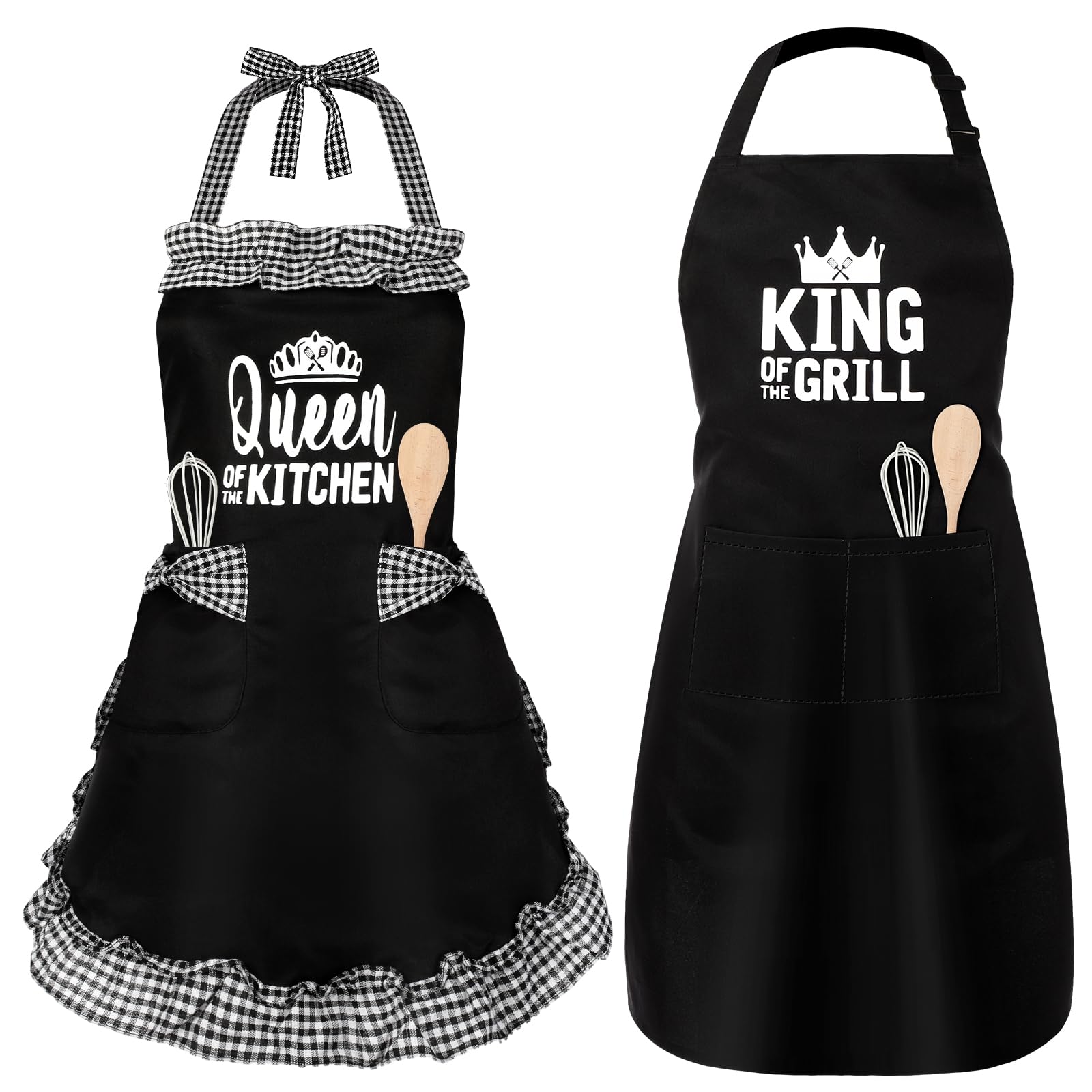 Cotwinter King and Queen aprons set in black for coordinated couple cooking.