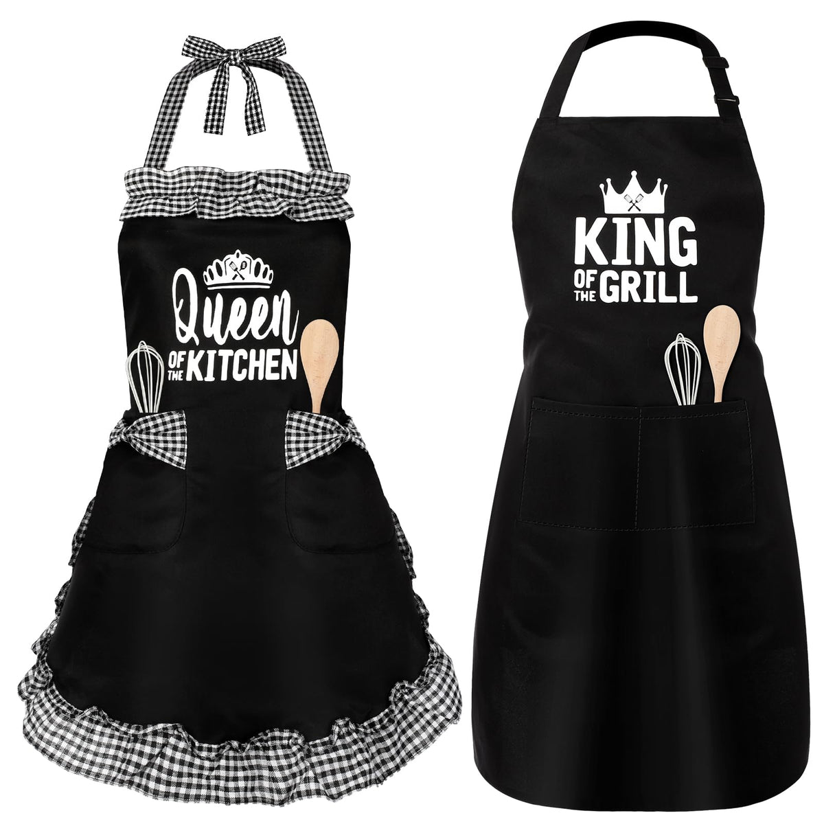 Cotwinter King and Queen aprons set in black for coordinated couple cooking.