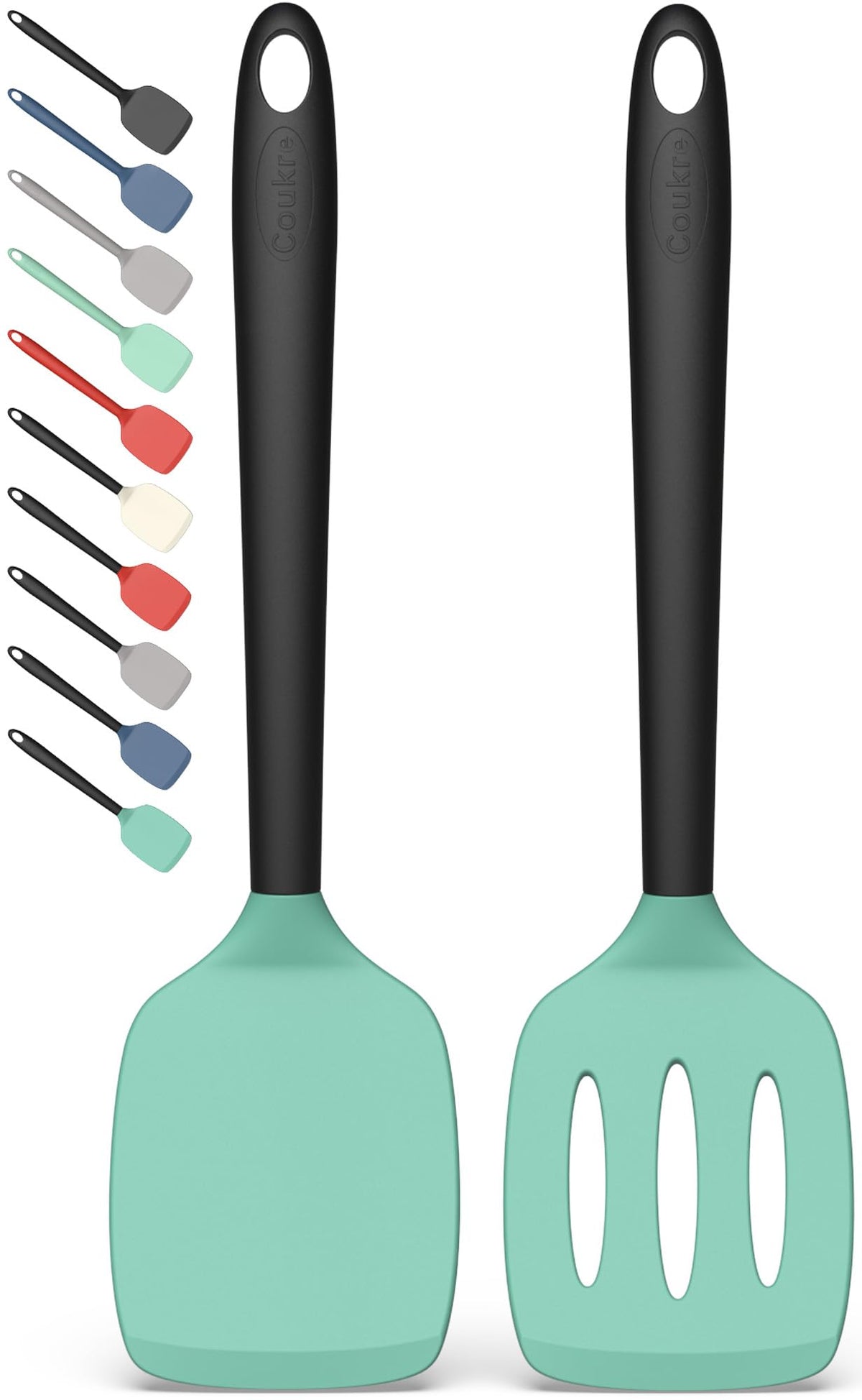 Coukre 2-piece silicone spatula set with solid and slotted heads for non-stick pans.