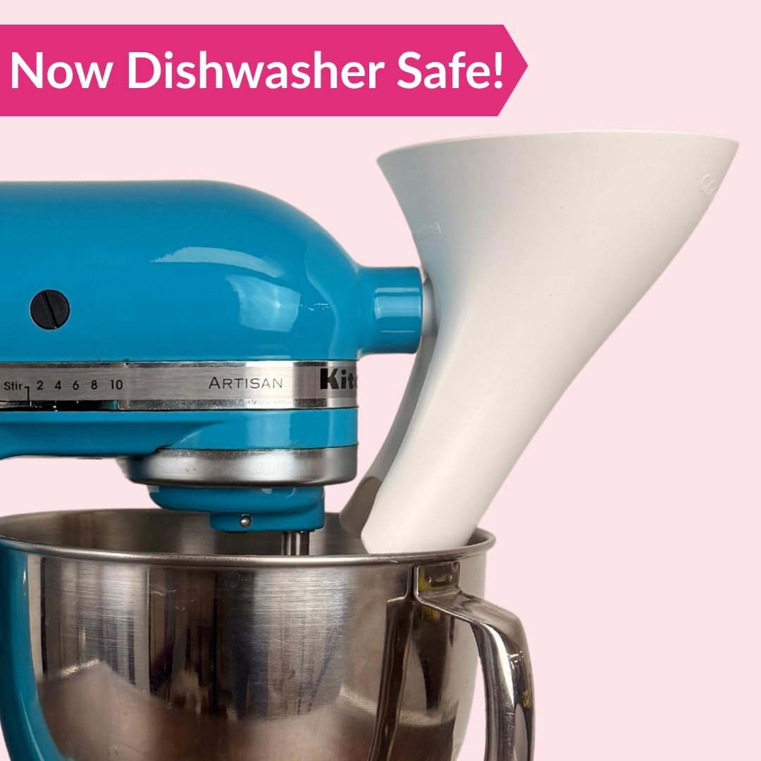 Countess Flour Funnel with mixer head tilted while pouring ingredients.
