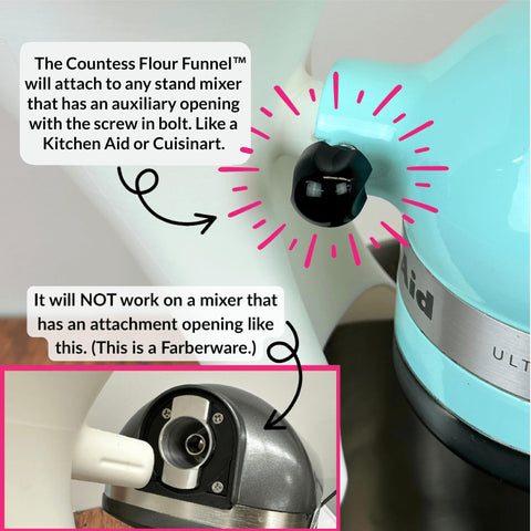 Countess Flour Funnel patent-pending design enhances pouring efficiency.