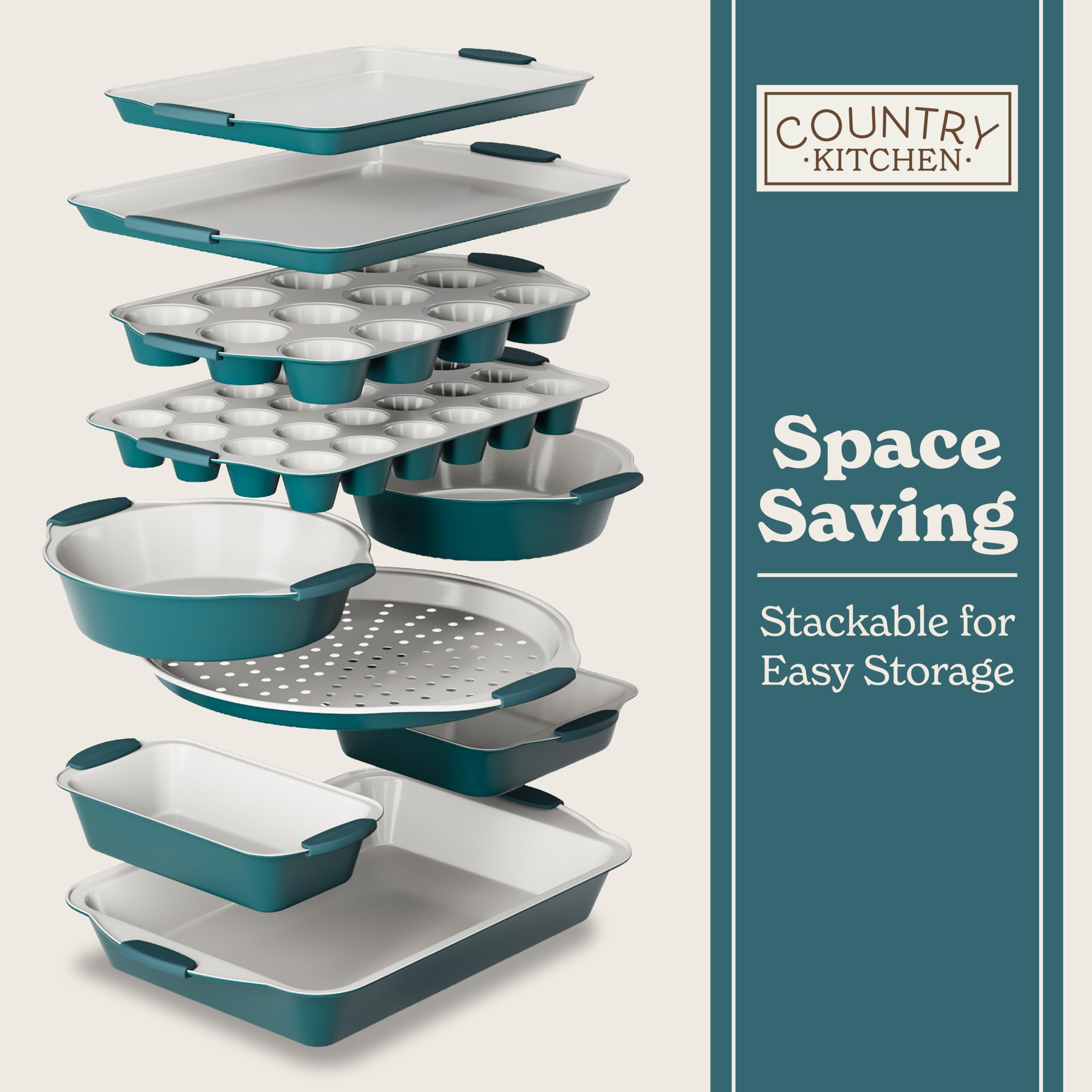 Country Kitchen 10-piece set includes versatile pans for cookies, cakes, and pastries.