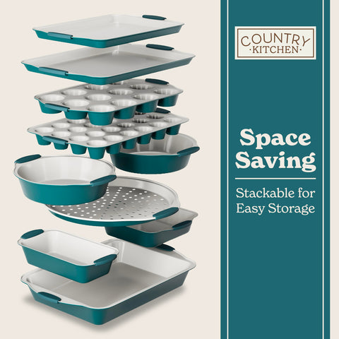Country Kitchen 10-piece set includes versatile pans for cookies, cakes, and pastries.