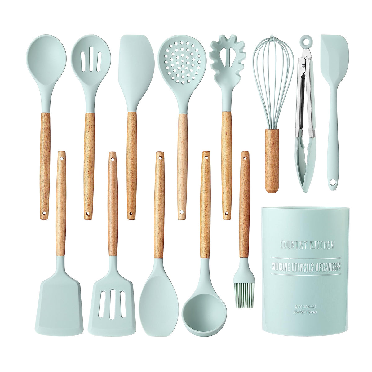 Country Kitchen 14-piece mint silicone utensils set ready for cooking and serving