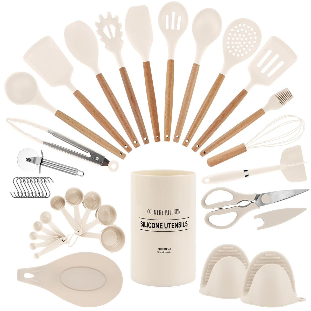 Country Kitchen 38-piece utensil set on counter, ready for cooking tasks