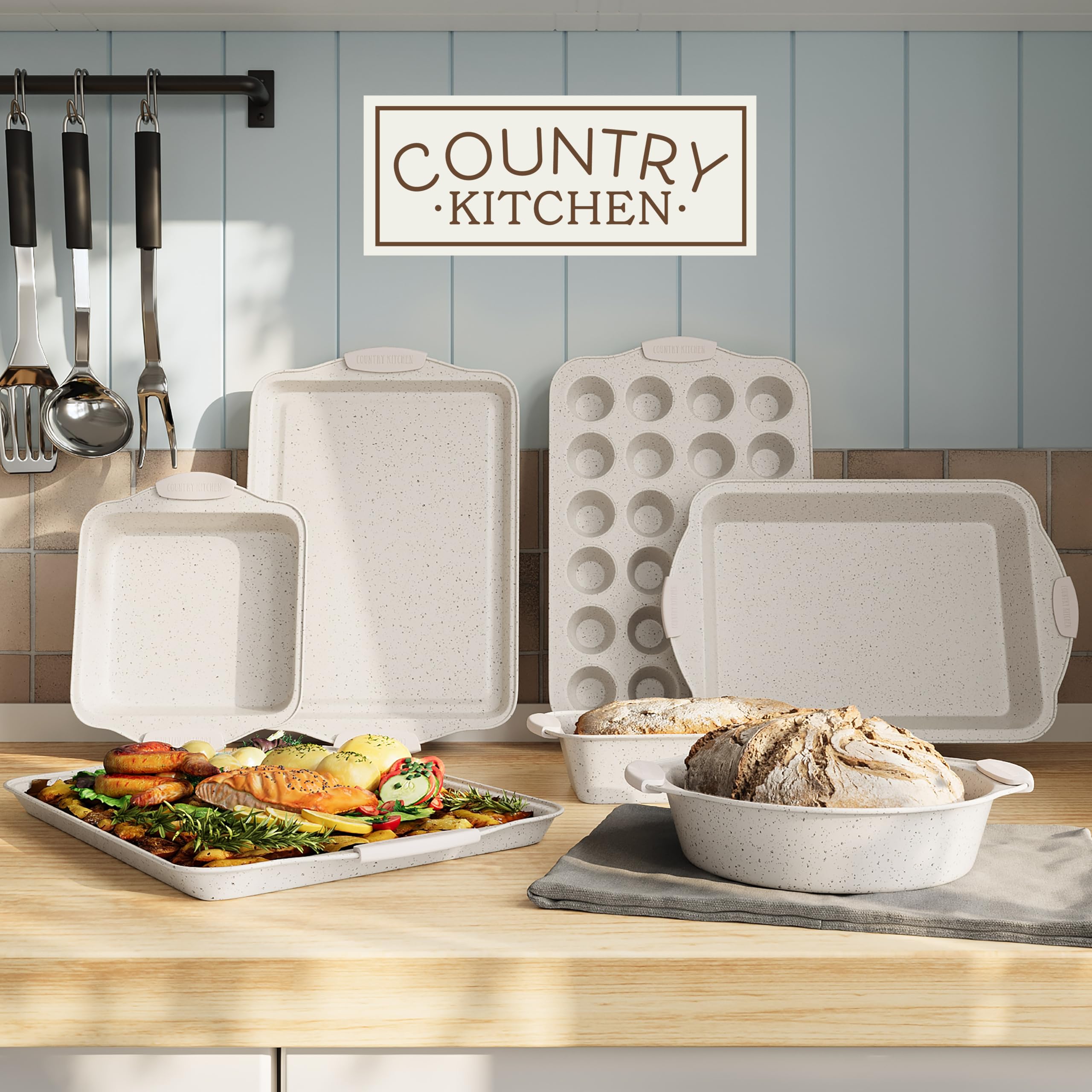Country Kitchen bakeware with silicone handles for safe transfer.