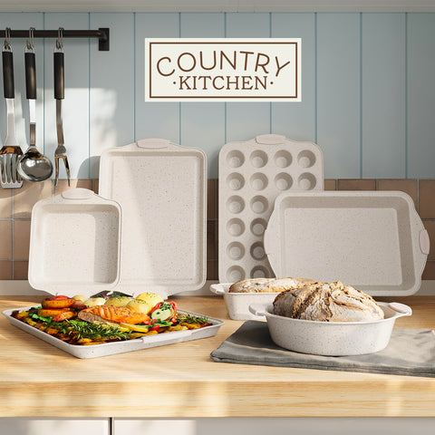Country Kitchen bakeware with silicone handles for safe transfer.