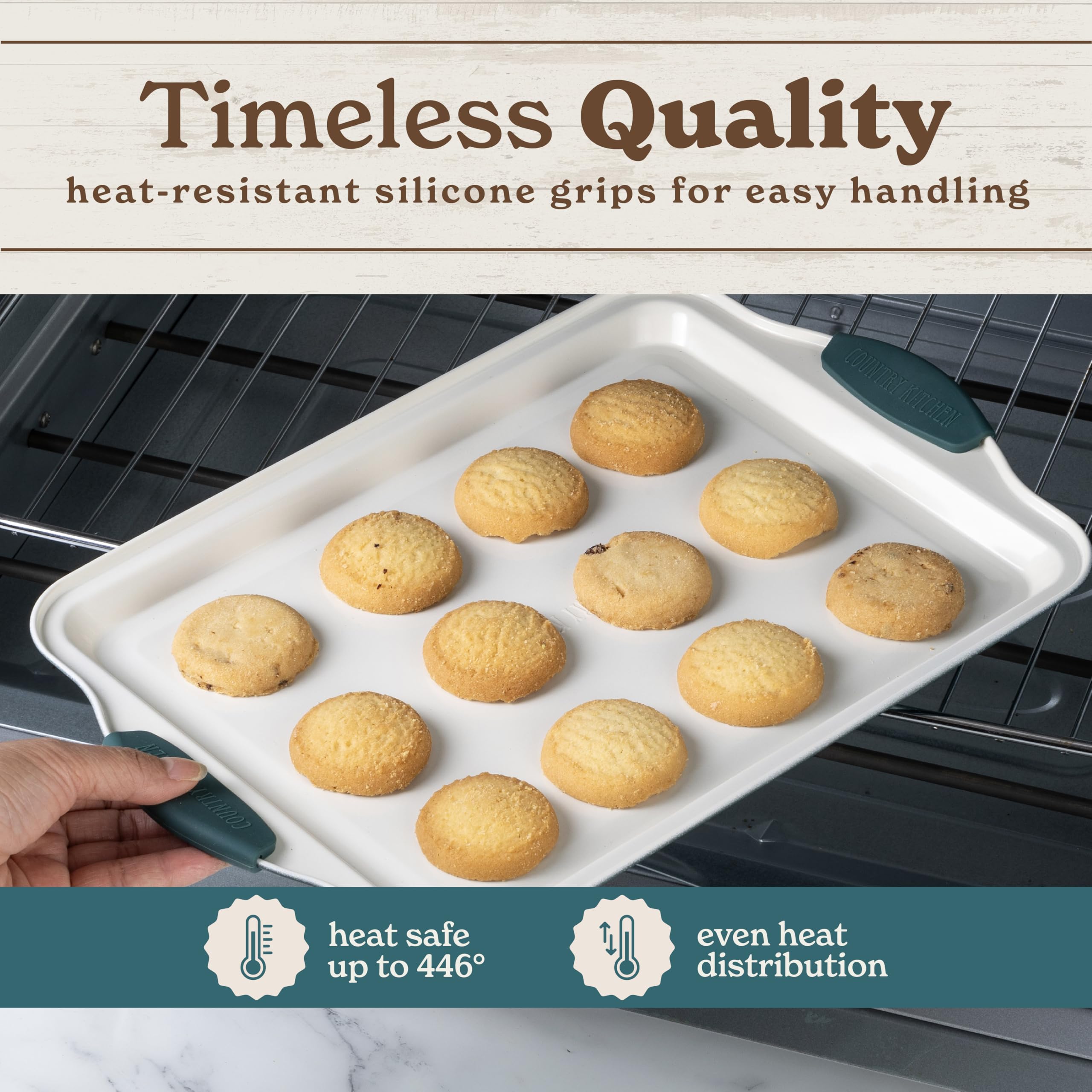 Country Kitchen bakeware with silicone handles offers secure oven grip