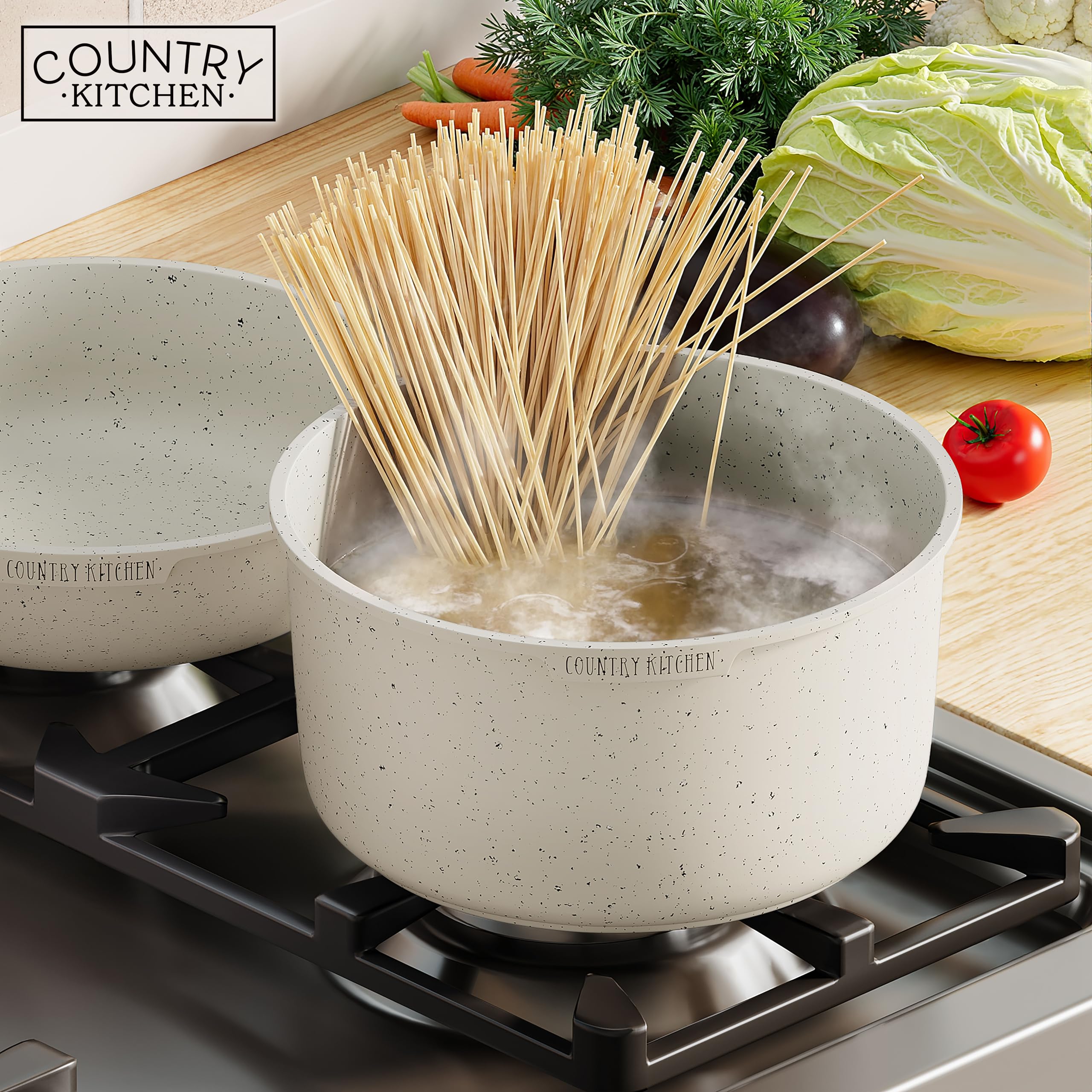 Country Kitchen easy-clean coating reduces scrubbing after meals.