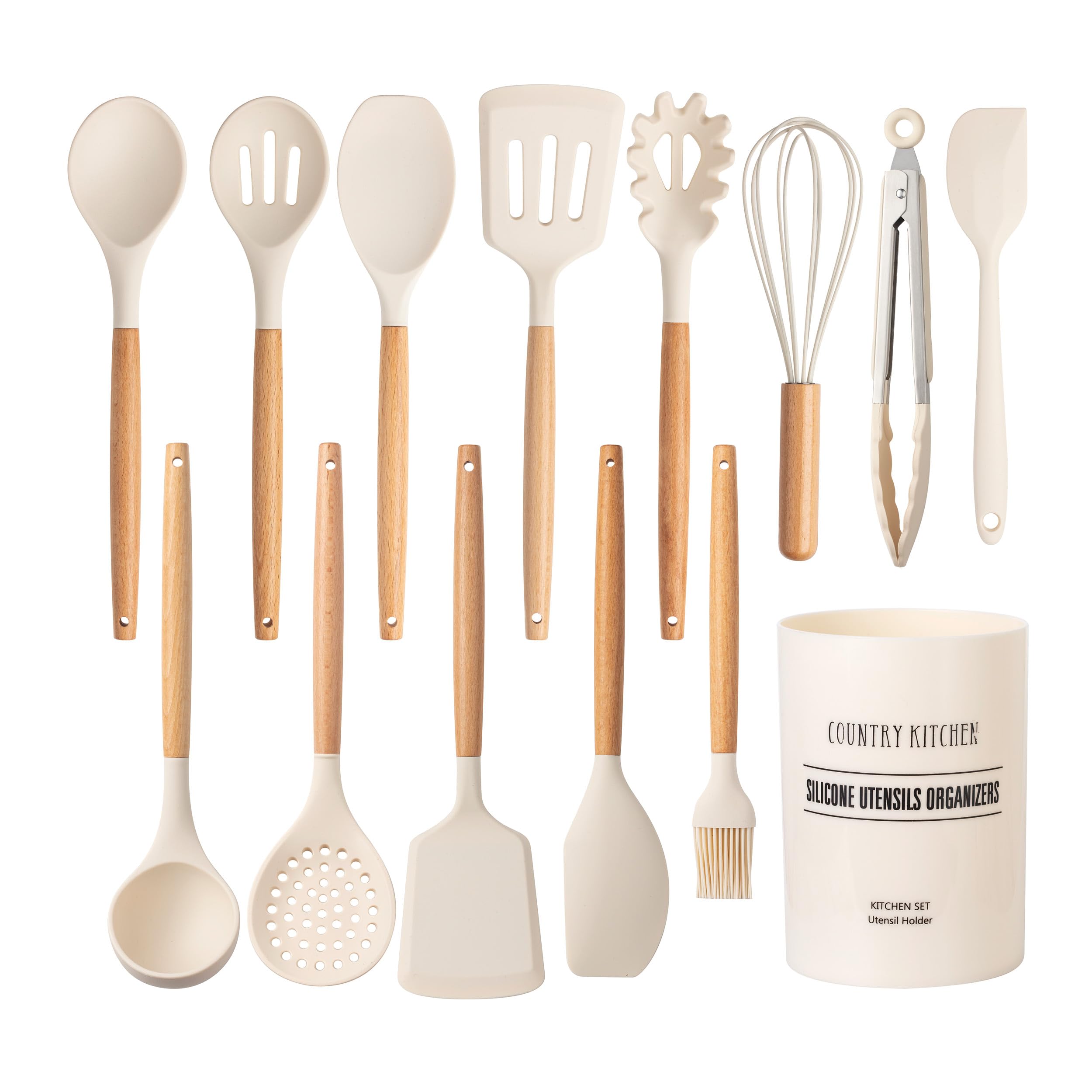 Country Kitchen non-stick silicone utensils with rounded wood handles for easy cooking.