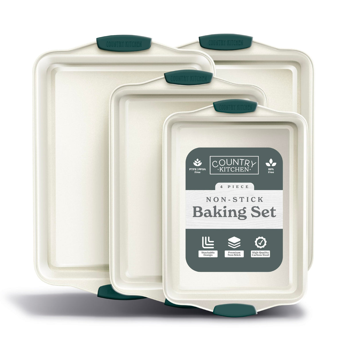 Country Kitchen nonstick stackable bakeware with sage finish for space-saving baking