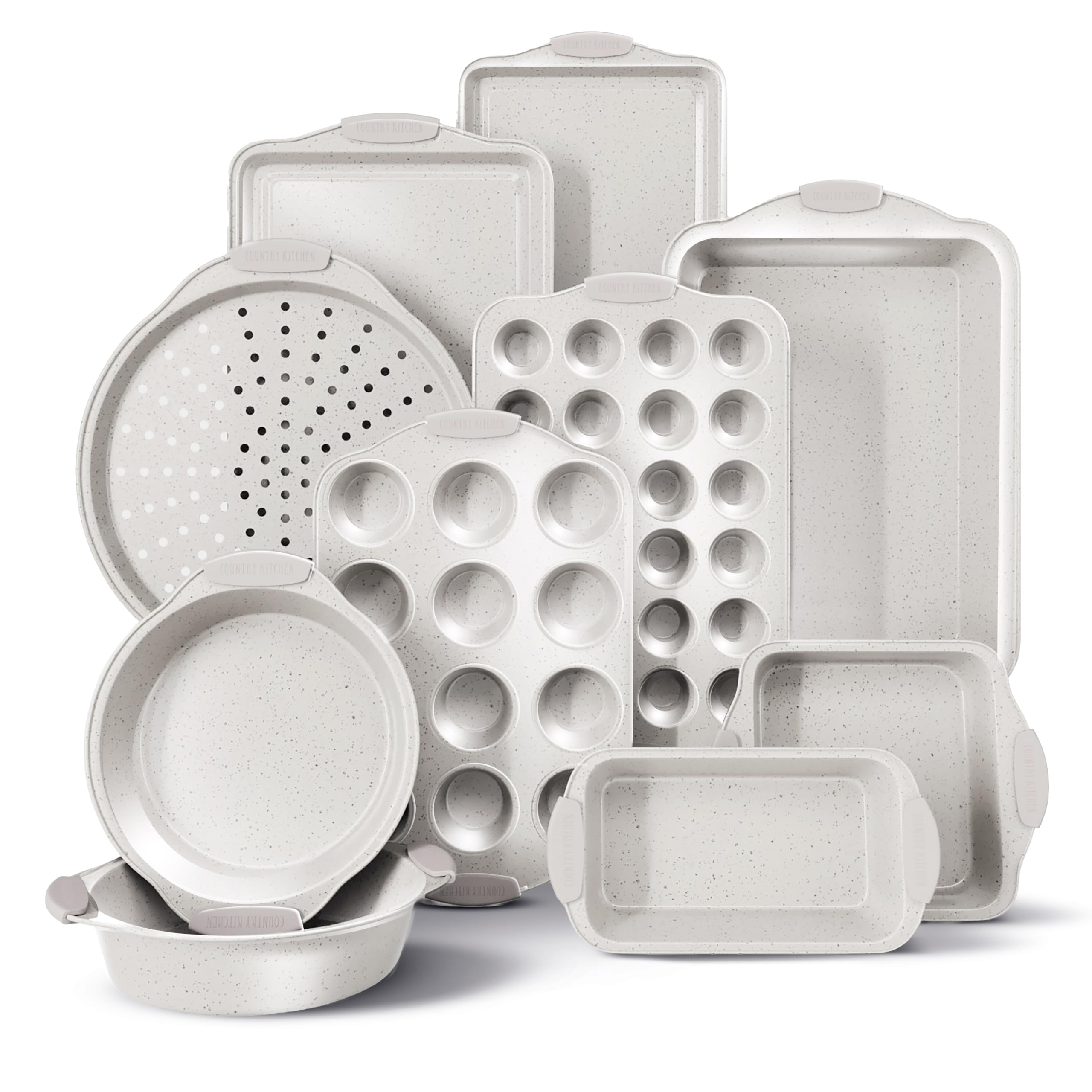 Country Kitchen nonstick stackable bakeware front view highlights space-saving design.