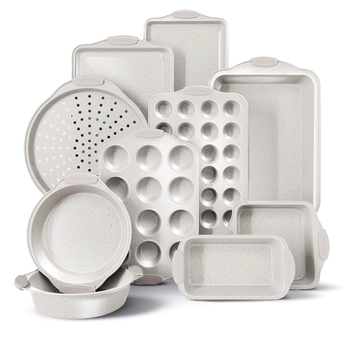 Country Kitchen nonstick stackable bakeware front view highlights space-saving design.
