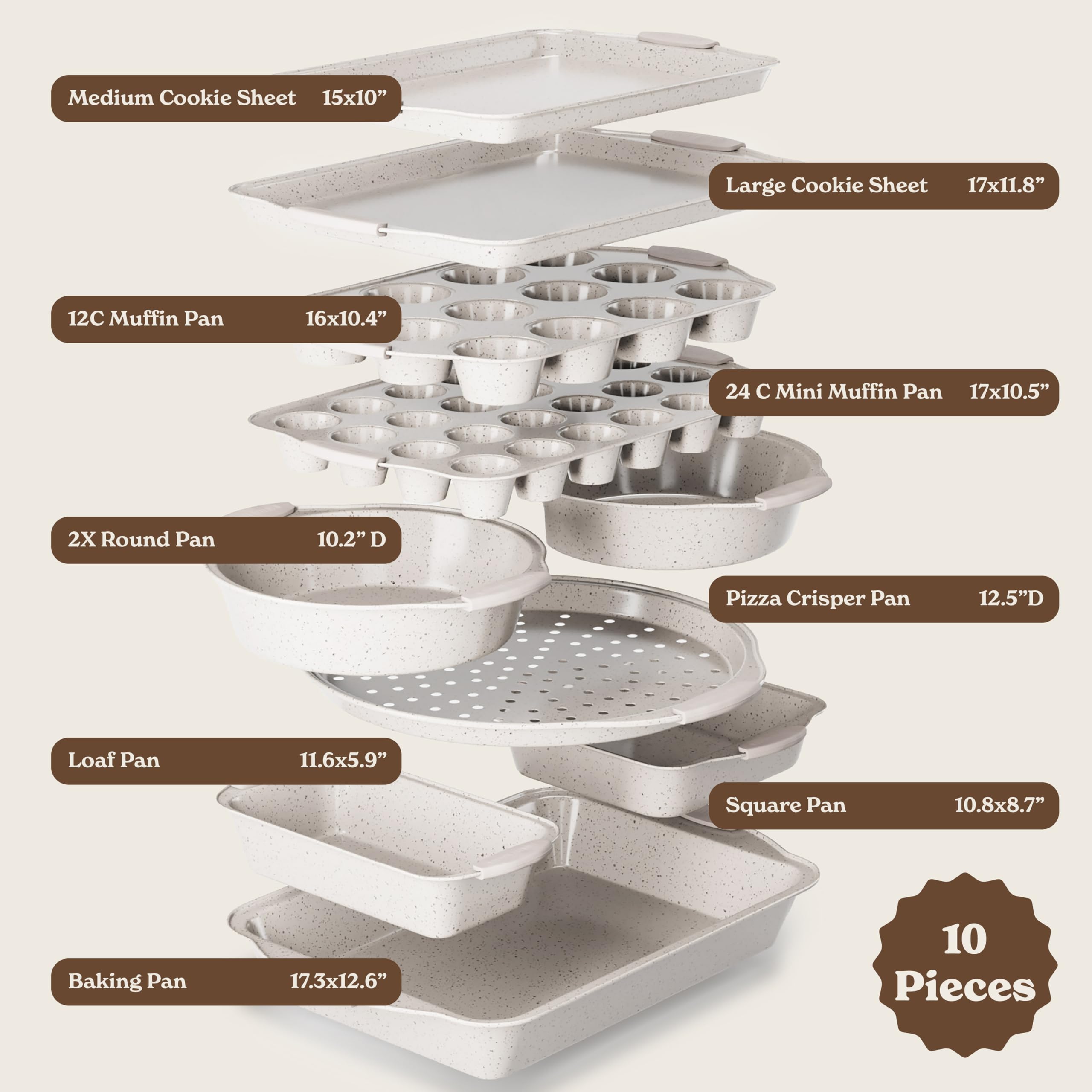 Country Kitchen cream bakeware nested in cabinet to show compact storage.